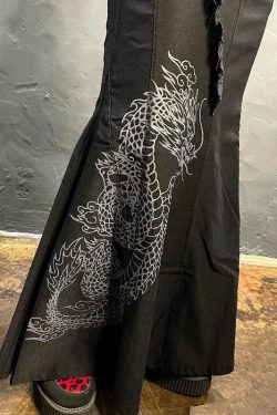 Gothic Dragon Printed Midi Skirt - Retro Y2K Grunge Fashion for Bold Statements