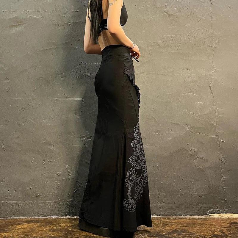 Gothic Dragon Printed Midi Skirt - Retro Y2K Grunge Fashion for Bold Statements