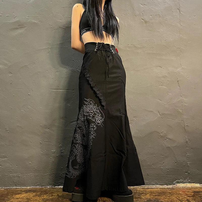Gothic Dragon Printed Midi Skirt - Retro Y2K Grunge Fashion for Bold Statements