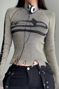 Grunge Distressed Long Sleeve Top - Retro 90s Y2K Fashion