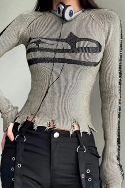 Grunge Distressed Long Sleeve Top - Retro 90s Y2K Fashion