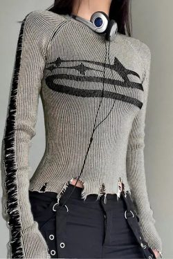 Grunge Distressed Long Sleeve Top - Retro 90s Y2K Fashion
