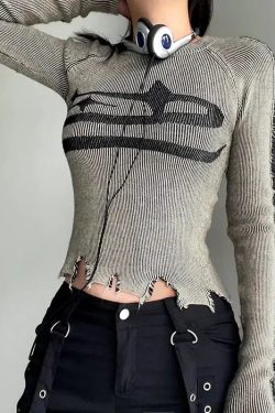 Grunge Distressed Long Sleeve Top - Retro 90s Y2K Fashion