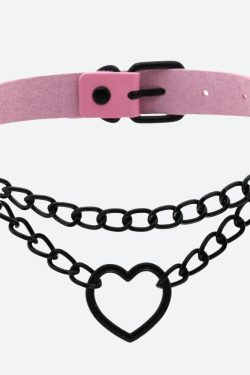 Grunge Heart Choker Necklace with Belted Detail - Perfect for Y2K and 90s Fashion