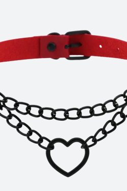 Grunge Heart Choker Necklace with Belted Detail - Perfect for Y2K and 90s Fashion