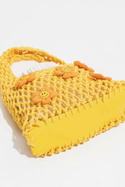 Retro Indie Smiley Flowers Crochet Bag - Perfect for Y2K and 90s Fashion Outfits