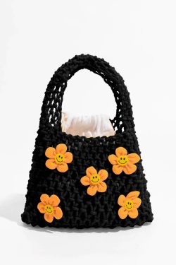 Retro Indie Smiley Flowers Crochet Bag - Perfect for Y2K and 90s Fashion Outfits
