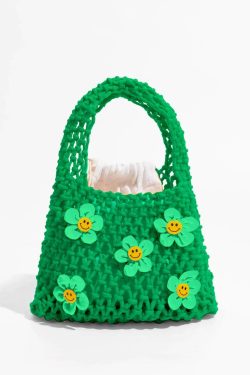 Retro Indie Smiley Flowers Crochet Bag - Perfect for Y2K and 90s Fashion Outfits
