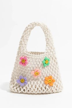 Retro Indie Smiley Flowers Crochet Bag - Perfect for Y2K and 90s Fashion Outfits