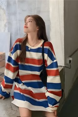 Vintage Casual Striped Sweatshirt - Retro Y2K Fashion, 90s Grunge Style, Perfect Y2K Outfit