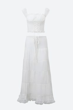 Y2K Coquette Lace Up Crop Top & Maxi Skirt Set - Retro Summer Fashion Outfit