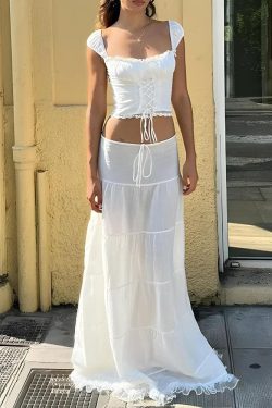 Y2K Coquette Lace Up Crop Top & Maxi Skirt Set - Retro Summer Fashion Outfit