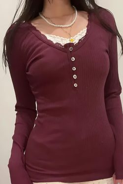 Y2K Corduroy Lace Trim Top - Retro Style Grunge Outfit