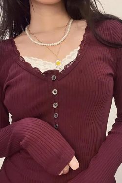 Y2K Corduroy Lace Trim Top - Retro Style Grunge Outfit