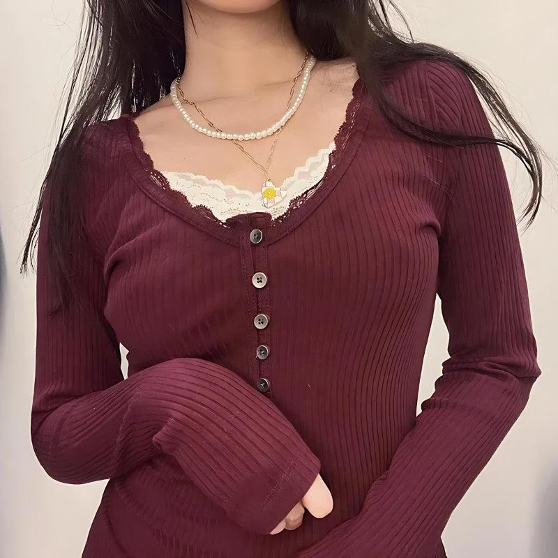 Y2K Corduroy Lace Trim Top - Retro Style Grunge Outfit Y2K Corduroy Lace Trim Top - Retro Style Grunge Outfit