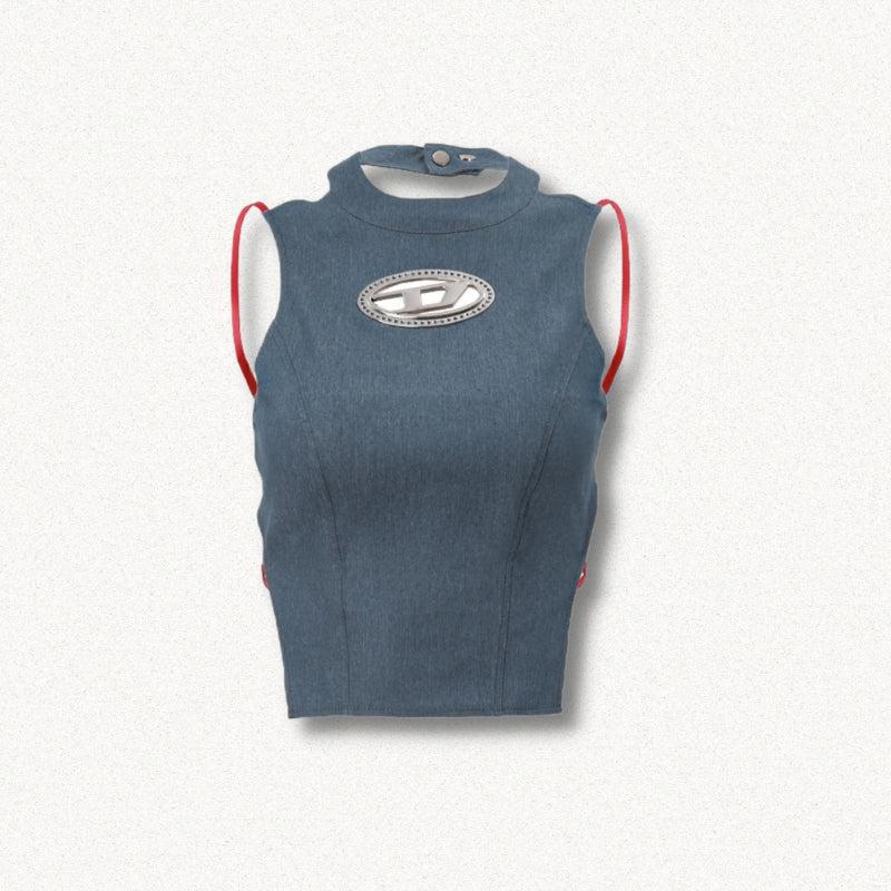 Y2K Cowgirl Denim Halter Corset Top - Retro 90s Fashion Statement