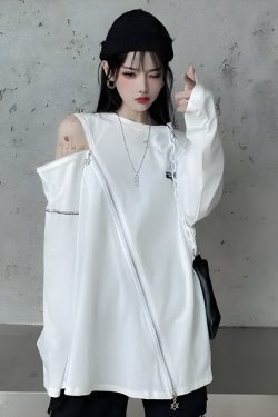 Y2K Cyberpunk Cross Zip-Up Top - Retro 90s Grunge Style