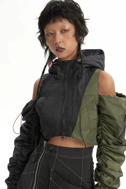 Y2K Cyberpunk Ruched Sleeve Puffer Jacket - Retro Style Grunge Outerwear