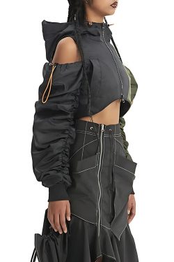Y2K Cyberpunk Ruched Sleeve Puffer Jacket - Retro Style Grunge Outerwear
