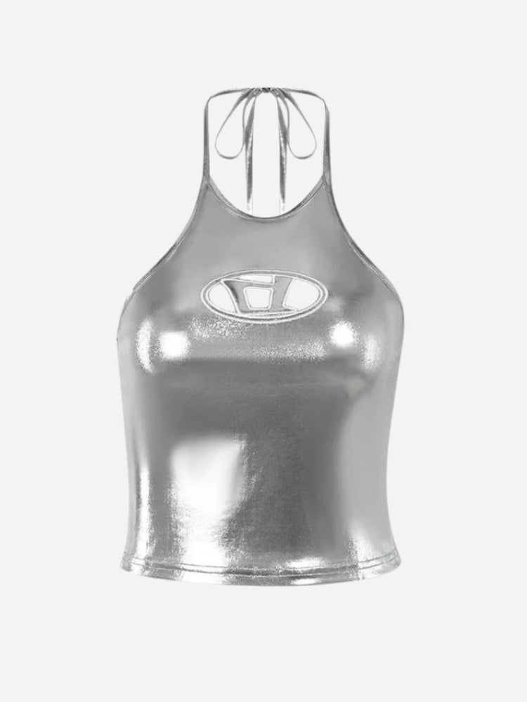 Y2K Cyberpunk Silver Halter Neck Top - Retro Style Grunge Outfit
