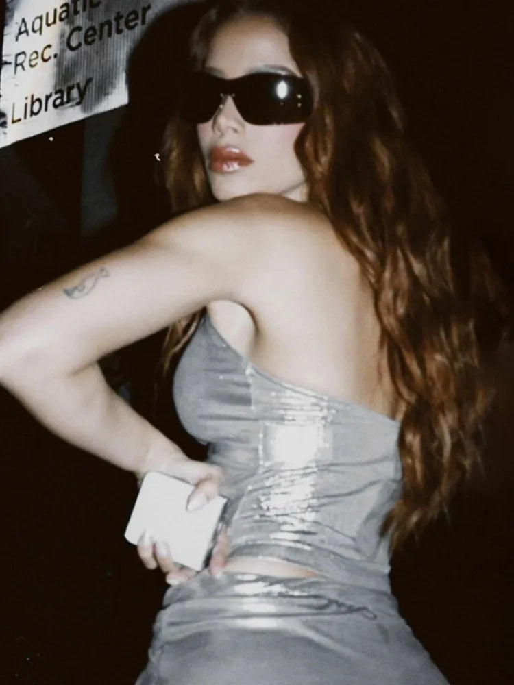 Y2K Cyberpunk Silver Halter Neck Top - Retro Style Grunge Outfit