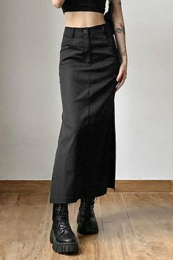 Y2K Dark Academia Side Slit Maxi Skirt - Retro Grunge Fashion