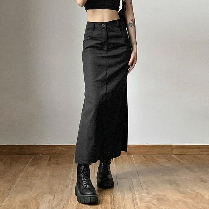 Y2K Dark Academia Side Slit Maxi Skirt - Retro Grunge Fashion Y2K Dark Academia Side Slit Maxi Skirt - Retro Grunge Fashion