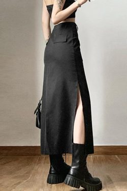 Y2K Dark Academia Side Slit Maxi Skirt - Retro Grunge Fashion