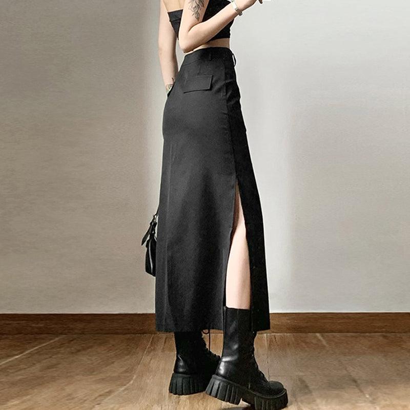 Y2K Dark Academia Side Slit Maxi Skirt - Retro Grunge Fashion Y2K Dark Academia Side Slit Maxi Skirt - Retro Grunge Fashion