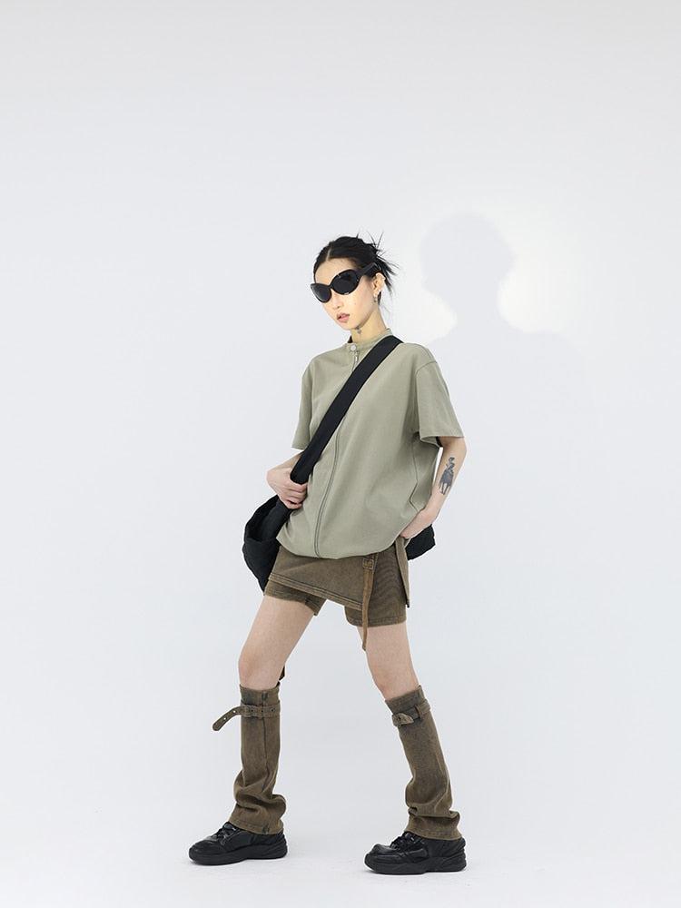 Y2K Denim Mini Skort with Belt Detail and Leg Warmer - Retro 90s Fashion Y2K Denim Mini Skort with Belt Detail and Leg Warmer - Retro 90s Fashion