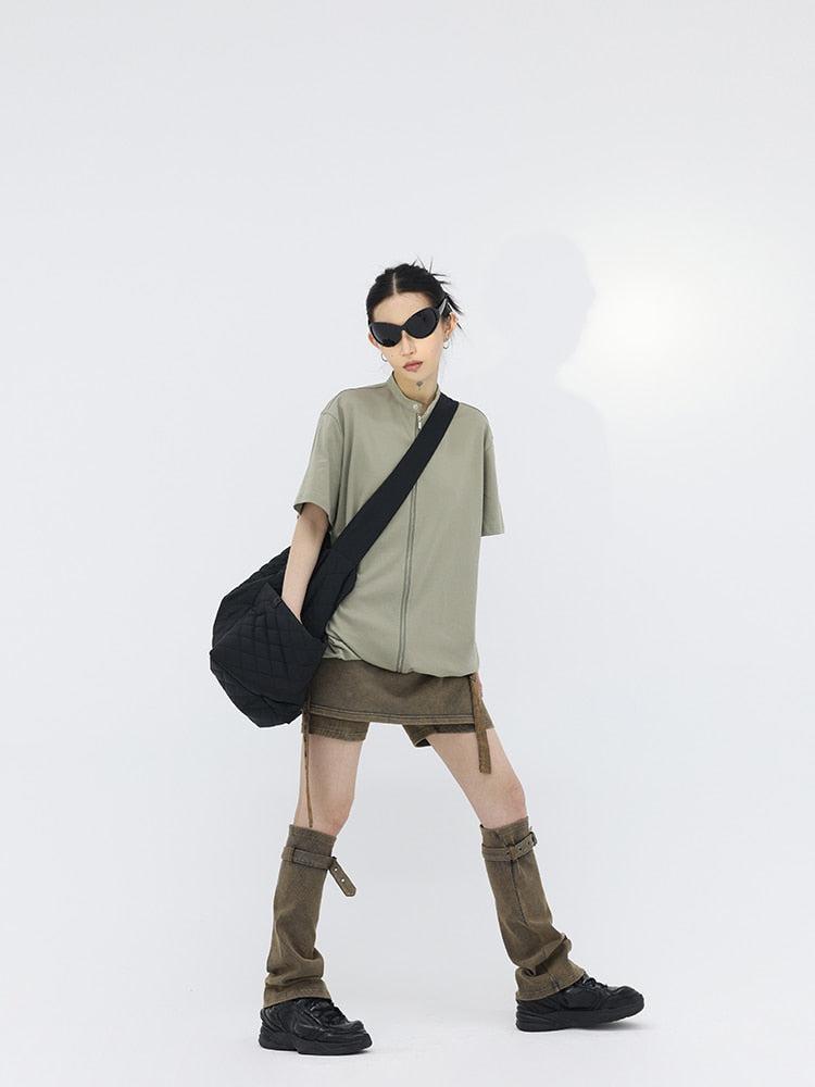 Y2K Denim Mini Skort with Belt Detail and Leg Warmer - Retro 90s Fashion Y2K Denim Mini Skort with Belt Detail and Leg Warmer - Retro 90s Fashion