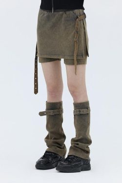 Y2K Denim Mini Skort with Belt Detail and Leg Warmer - Retro 90s Fashion