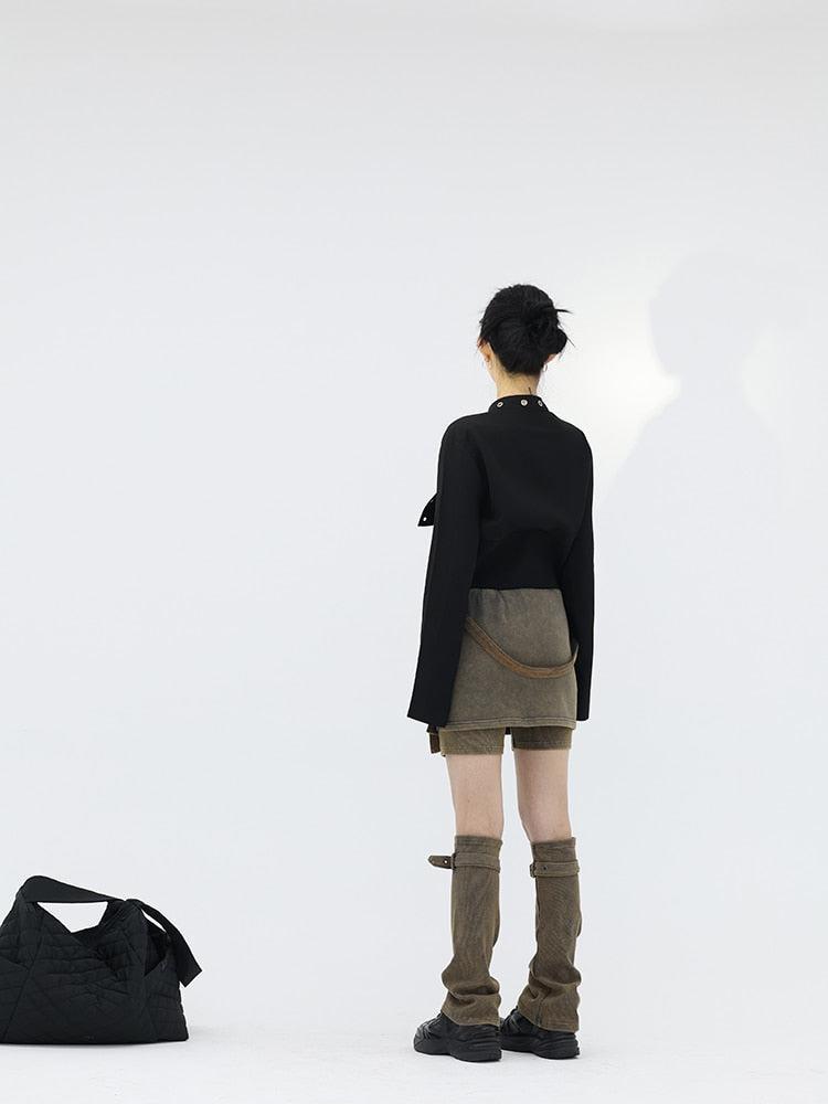 Y2K Denim Mini Skort with Belt Detail and Leg Warmer - Retro 90s Fashion Y2K Denim Mini Skort with Belt Detail and Leg Warmer - Retro 90s Fashion