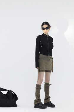 Y2K Denim Mini Skort with Belt Detail and Leg Warmer - Retro 90s Fashion