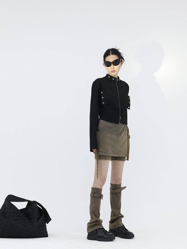 Y2K Denim Mini Skort with Belt Detail and Leg Warmer - Retro 90s Fashion Y2K Denim Mini Skort with Belt Detail and Leg Warmer - Retro 90s Fashion