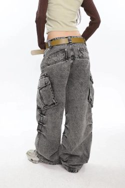 Y2K Distressed Cargo Jeans with Big Pockets - Retro 90s Grunge Style