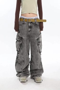 Y2K Distressed Cargo Jeans with Big Pockets - Retro 90s Grunge Style