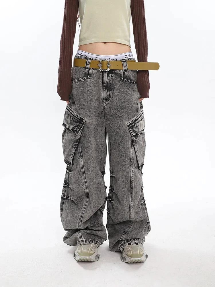Y2K Distressed Cargo Jeans with Big Pockets - Retro 90s Grunge Style Y2K Distressed Cargo Jeans with Big Pockets - Retro 90s Grunge Style