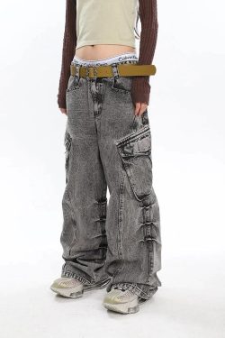 Y2K Distressed Cargo Jeans with Big Pockets - Retro 90s Grunge Style