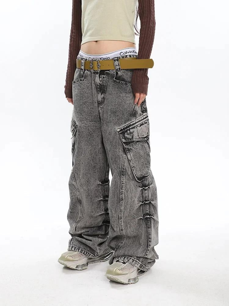 Y2K Distressed Cargo Jeans with Big Pockets - Retro 90s Grunge Style Y2K Distressed Cargo Jeans with Big Pockets - Retro 90s Grunge Style