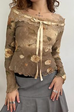 Y2K Fairy Grunge Floral Lace Off Shoulder Top - Retro 90s Style