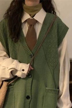 Y2K Fashion Dark Academia Deep V-Neck Sleeveless Cardigan - Retro Style Grunge Outfit