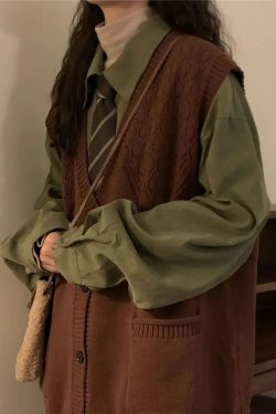 Y2K Fashion Dark Academia Deep V-Neck Sleeveless Cardigan - Retro Style Grunge Outfit