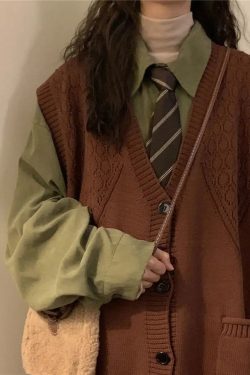 Y2K Fashion Dark Academia Deep V-Neck Sleeveless Cardigan - Retro Style Grunge Outfit