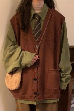 Y2K Fashion Dark Academia Deep V-Neck Sleeveless Cardigan - Retro Style Grunge Outfit