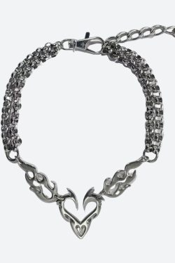 Y2K Flaming Heart Necklace - Retro Style Jewelry for 90s and Y2K Fashion Outfits