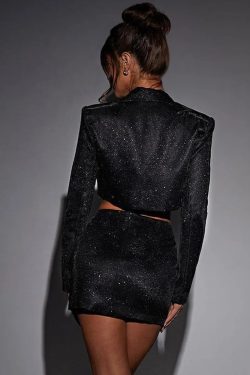 Y2K Glitter Crop Jacket & Mini Skirt Set - Retro Style 90s Fashion Outfit