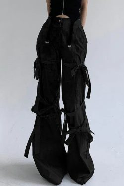 Y2K Gothic Lace Up Flare Pants - Retro 90s Grunge Style