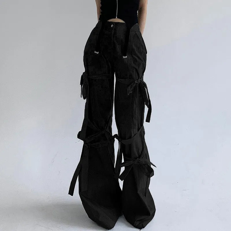 Y2K Gothic Lace Up Flare Pants - Retro 90s Grunge Style