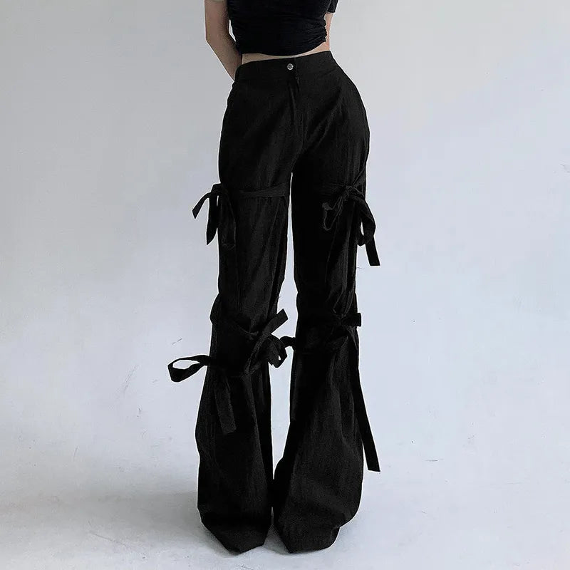 Y2K Gothic Lace Up Flare Pants - Retro 90s Grunge Style